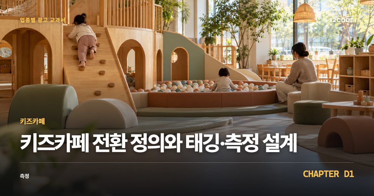 키즈카페 업종별 광고 교과서 D1장, 전환 정의와 태깅·측정 설계을 안내하는 표지 이미지
