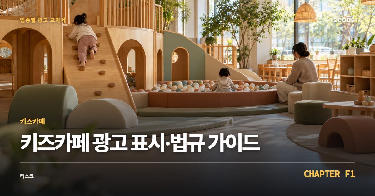 키즈카페 업종별 광고 교과서 F1장, 광고 표시·법규 가이드을 안내하는 표지 이미지
