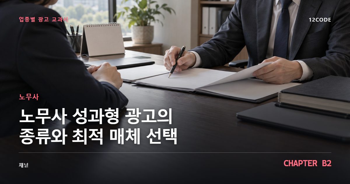 노무사 업종별 광고 교과서 B2장, 성과형 광고의 종류와 최적 매체 선택을 안내하는 표지 이미지