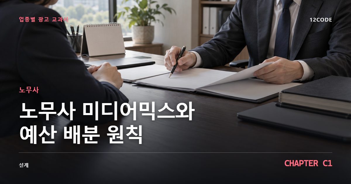 노무사 업종별 광고 교과서 C1장, 미디어믹스와 예산 배분 원칙을 안내하는 표지 이미지