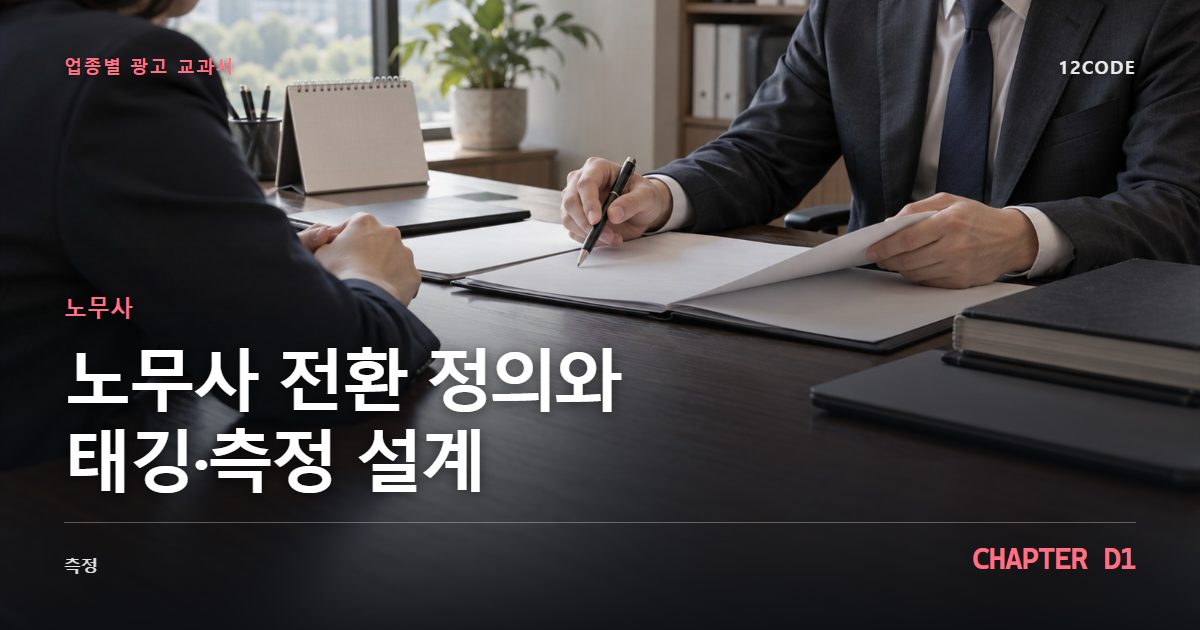 노무사 업종별 광고 교과서 D1장, 전환 정의와 태깅·측정 설계을 안내하는 표지 이미지