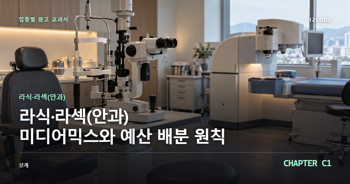 라식·라섹(안과) 업종별 광고 교과서 C1장, 미디어믹스와 예산 배분 원칙을 안내하는 표지 이미지