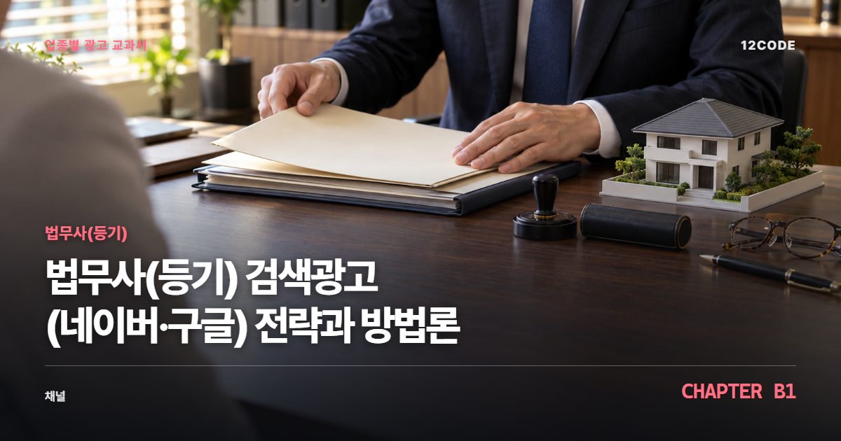 법무사(등기) 업종별 광고 교과서 B1장, 검색광고(네이버·구글) 전략과 방법론을 안내하는 표지 이미지