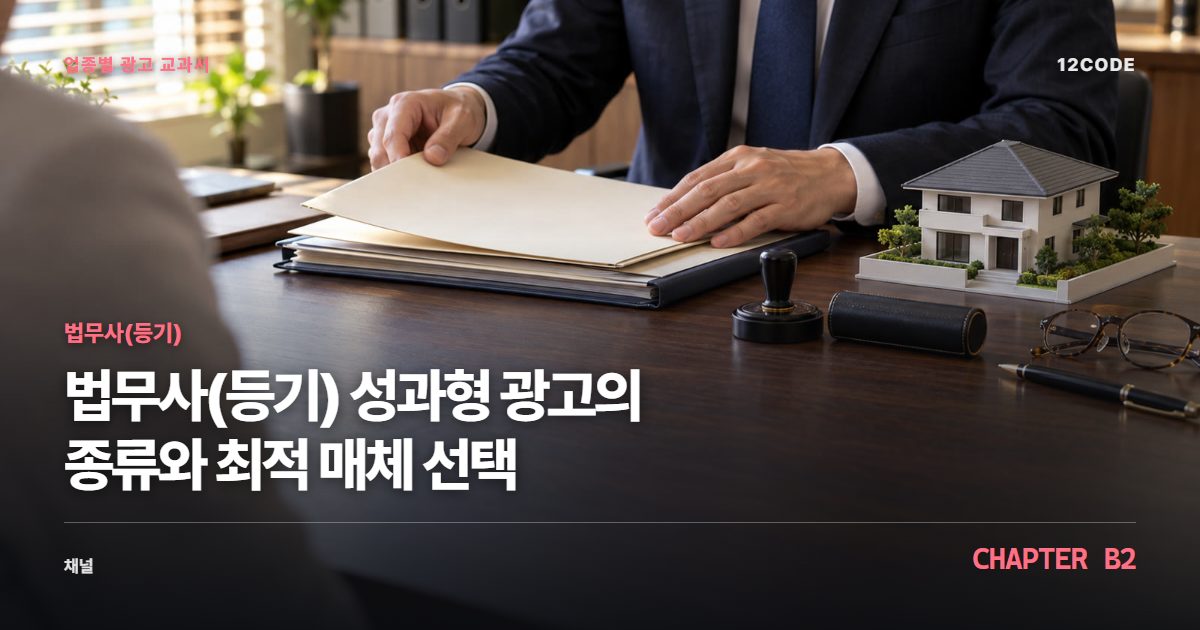 법무사(등기) 업종별 광고 교과서 B2장, 성과형 광고의 종류와 최적 매체 선택을 안내하는 표지 이미지