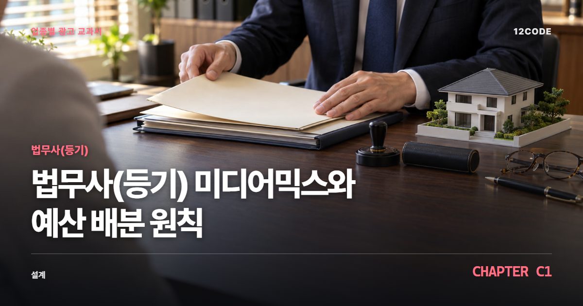 법무사(등기) 업종별 광고 교과서 C1장, 미디어믹스와 예산 배분 원칙을 안내하는 표지 이미지