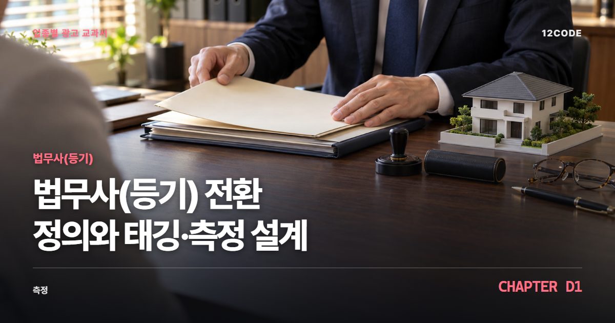 법무사(등기) 업종별 광고 교과서 D1장, 전환 정의와 태깅·측정 설계을 안내하는 표지 이미지