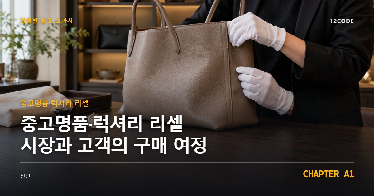 중고명품·럭셔리 리셀 업종별 광고 교과서 A1장, 시장과 고객의 구매 여정을 안내하는 표지 이미지