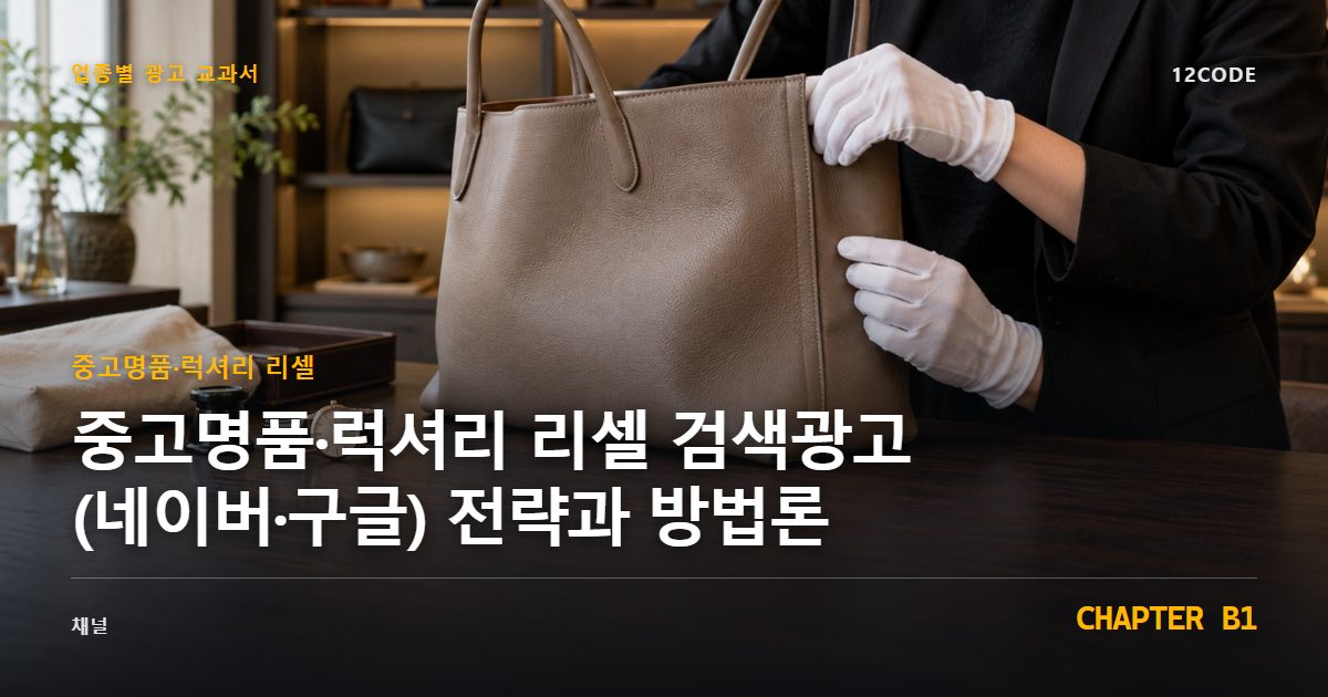 중고명품·럭셔리 리셀 업종별 광고 교과서 B1장, 검색광고(네이버·구글) 전략과 방법론을 안내하는 표지 이미지