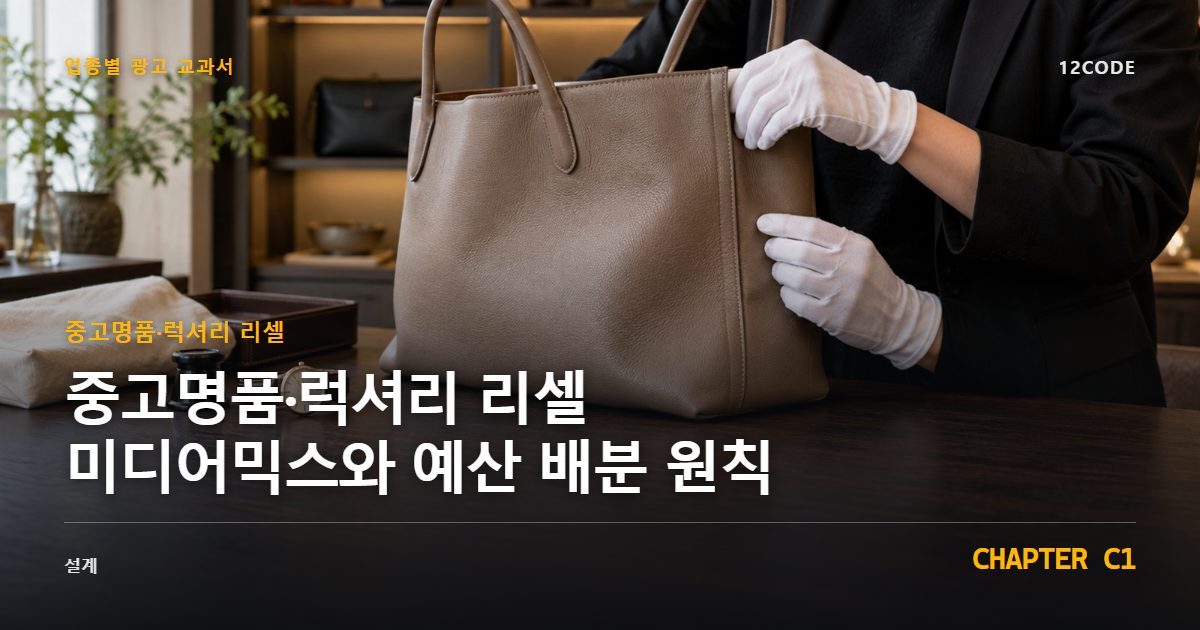 중고명품·럭셔리 리셀 업종별 광고 교과서 C1장, 미디어믹스와 예산 배분 원칙을 안내하는 표지 이미지