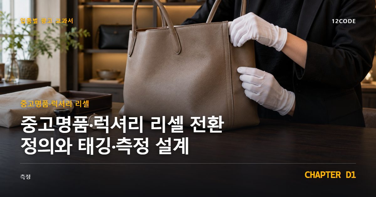중고명품·럭셔리 리셀 업종별 광고 교과서 D1장, 전환 정의와 태깅·측정 설계을 안내하는 표지 이미지