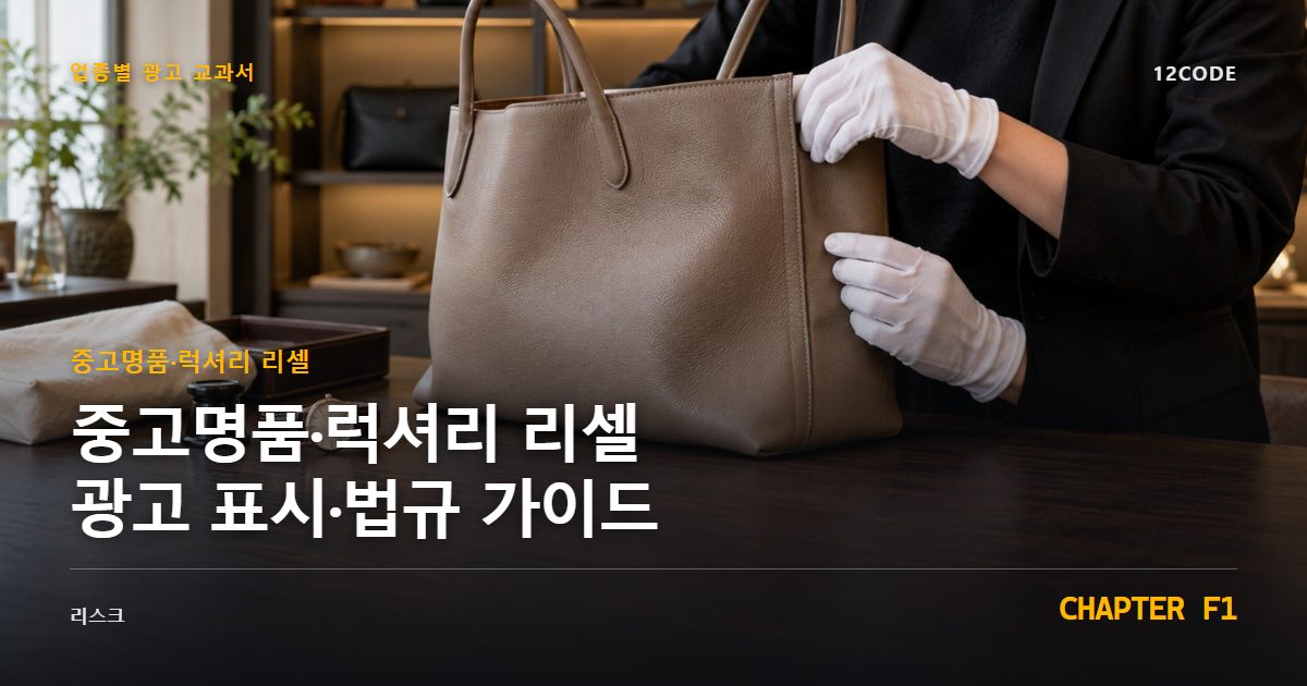 중고명품·럭셔리 리셀 업종별 광고 교과서 F1장, 광고 표시·법규 가이드을 안내하는 표지 이미지
