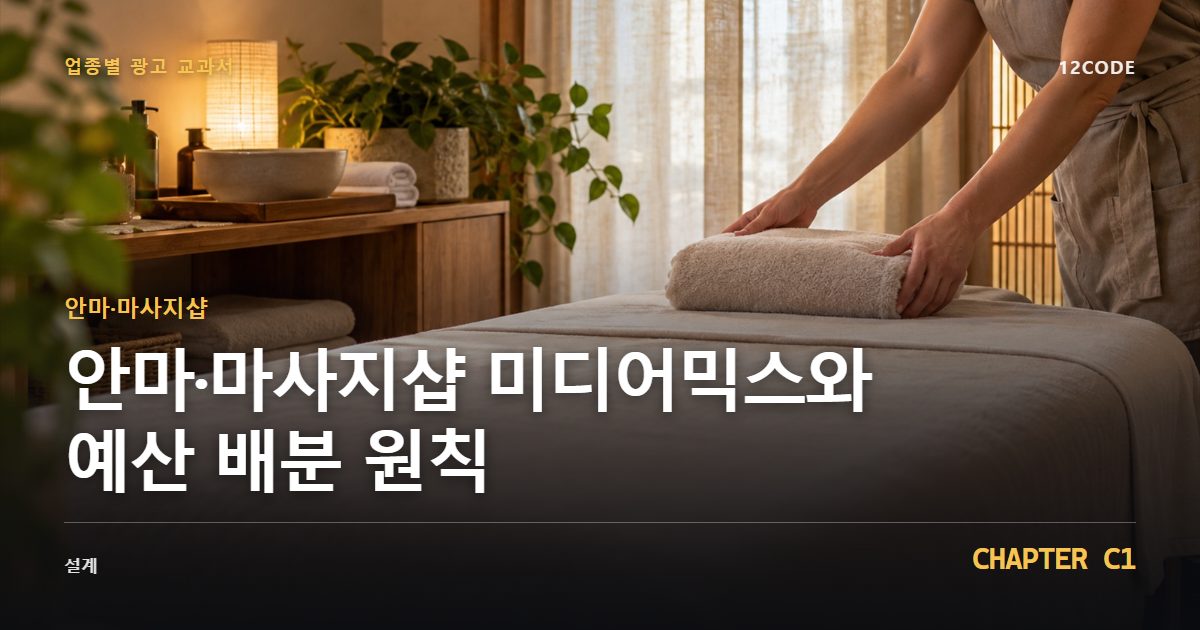 안마·마사지샵 업종별 광고 교과서 C1장, 미디어믹스와 예산 배분 원칙을 안내하는 표지 이미지