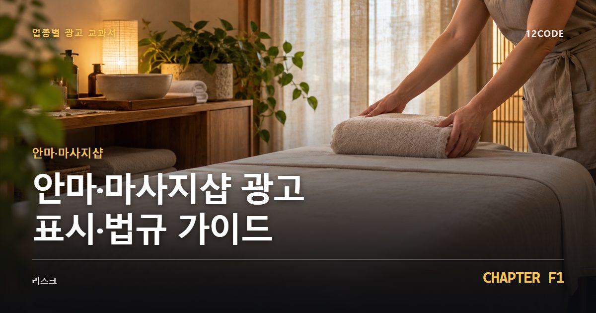 안마·마사지샵 업종별 광고 교과서 F1장, 광고 표시·법규 가이드을 안내하는 표지 이미지
