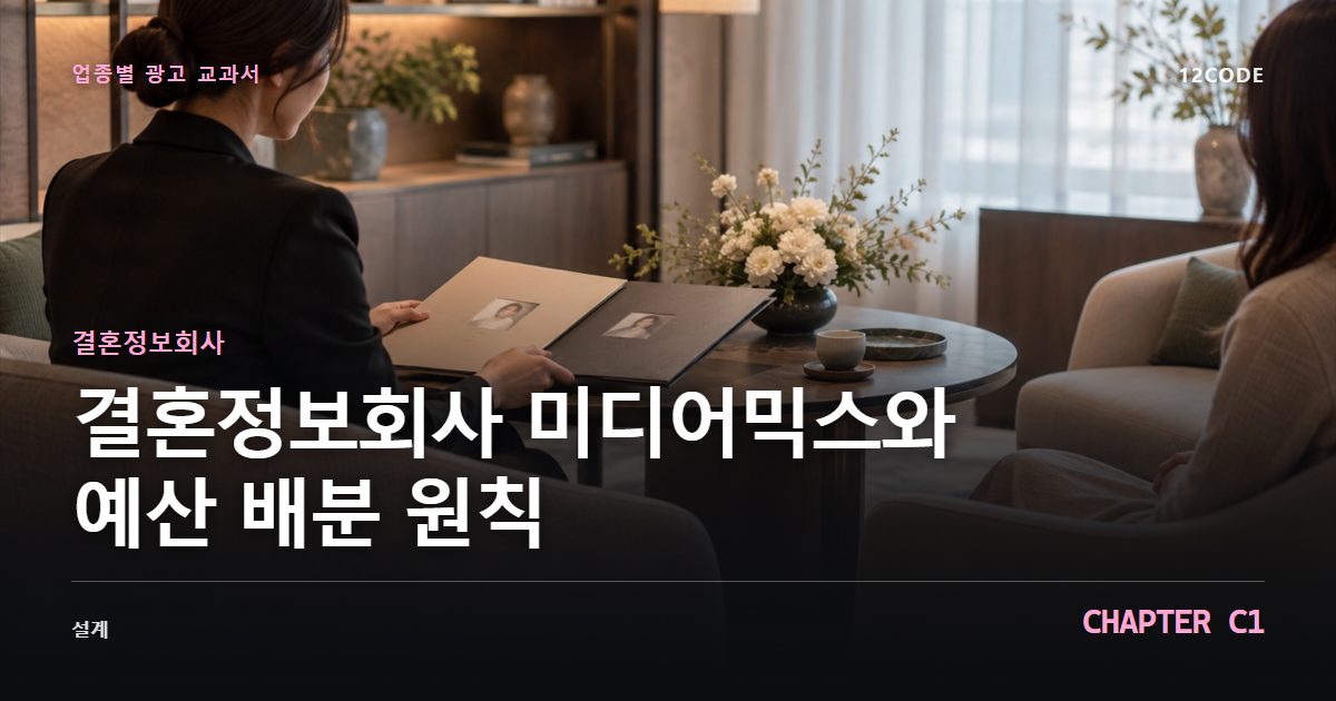 결혼정보회사 업종별 광고 교과서 C1장, 미디어믹스와 예산 배분 원칙을 안내하는 표지 이미지