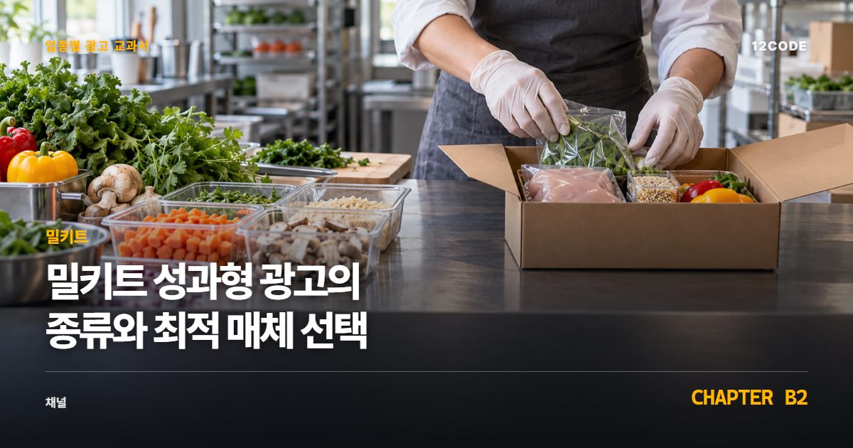 밀키트 업종별 광고 교과서 B2장, 성과형 광고의 종류와 최적 매체 선택을 안내하는 표지 이미지