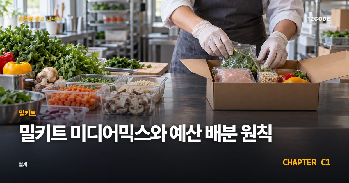 밀키트 업종별 광고 교과서 C1장, 미디어믹스와 예산 배분 원칙을 안내하는 표지 이미지