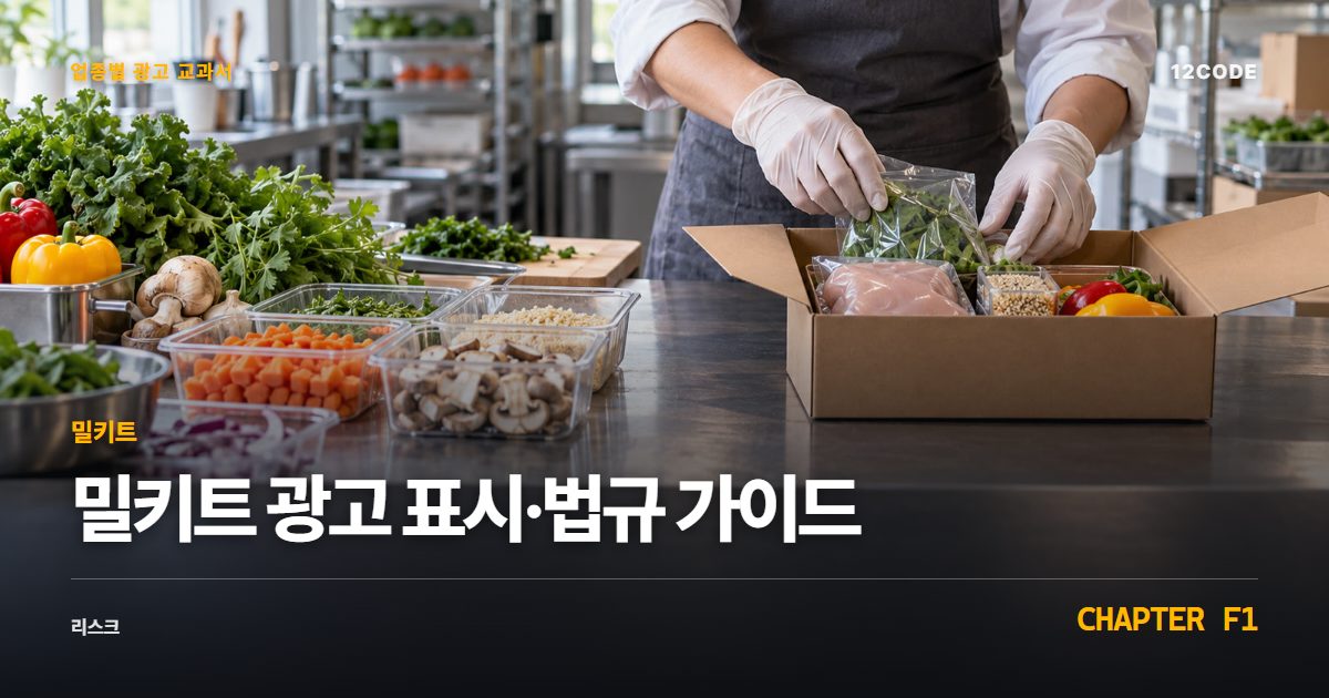 밀키트 업종별 광고 교과서 F1장, 광고 표시·법규 가이드을 안내하는 표지 이미지