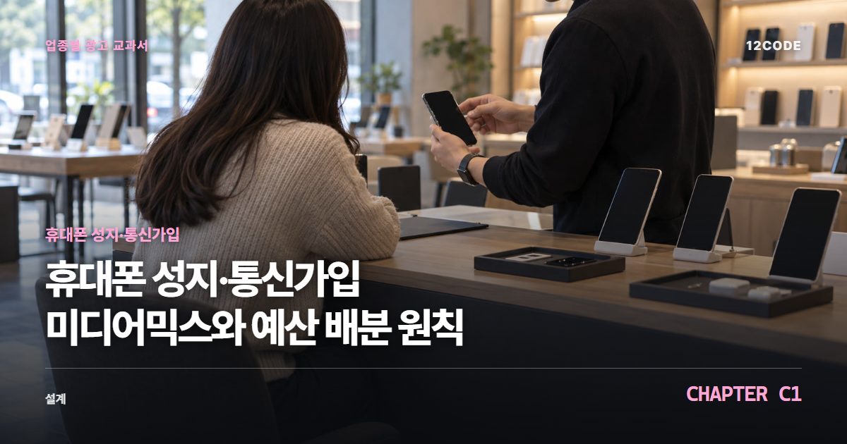 휴대폰 성지·통신가입 업종별 광고 교과서 C1장, 미디어믹스와 예산 배분 원칙을 안내하는 표지 이미지