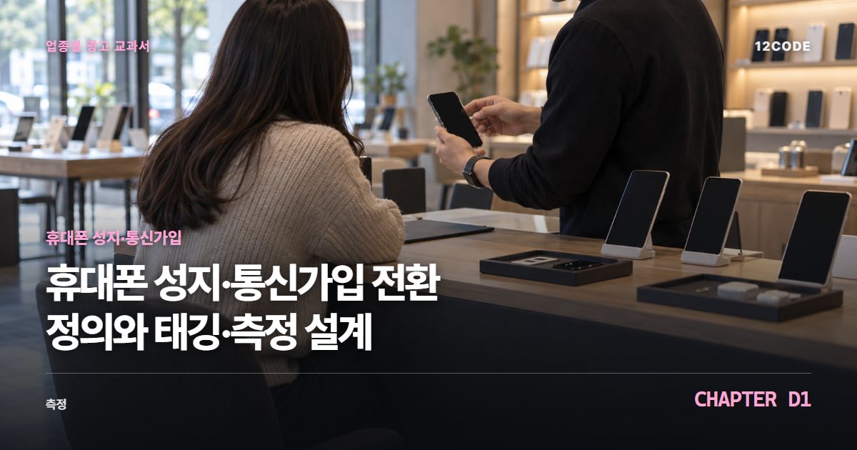 휴대폰 성지·통신가입 업종별 광고 교과서 D1장, 전환 정의와 태깅·측정 설계을 안내하는 표지 이미지