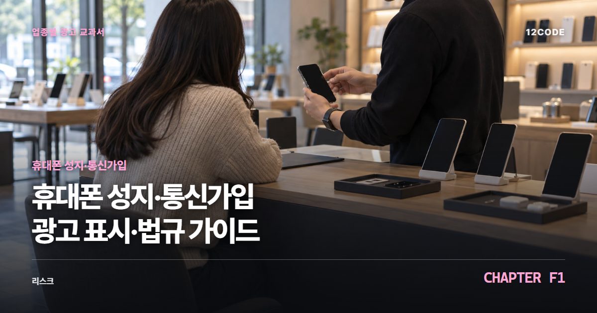 휴대폰 성지·통신가입 업종별 광고 교과서 F1장, 광고 표시·법규 가이드을 안내하는 표지 이미지