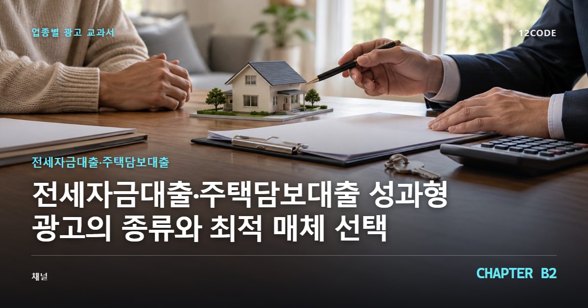 전세자금대출·주택담보대출 업종별 광고 교과서 B2장, 성과형 광고의 종류와 최적 매체 선택을 안내하는 표지 이미지