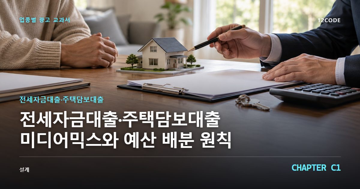 전세자금대출·주택담보대출 업종별 광고 교과서 C1장, 미디어믹스와 예산 배분 원칙을 안내하는 표지 이미지