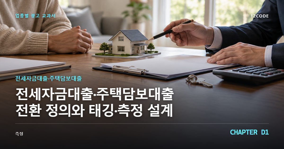 전세자금대출·주택담보대출 업종별 광고 교과서 D1장, 전환 정의와 태깅·측정 설계을 안내하는 표지 이미지