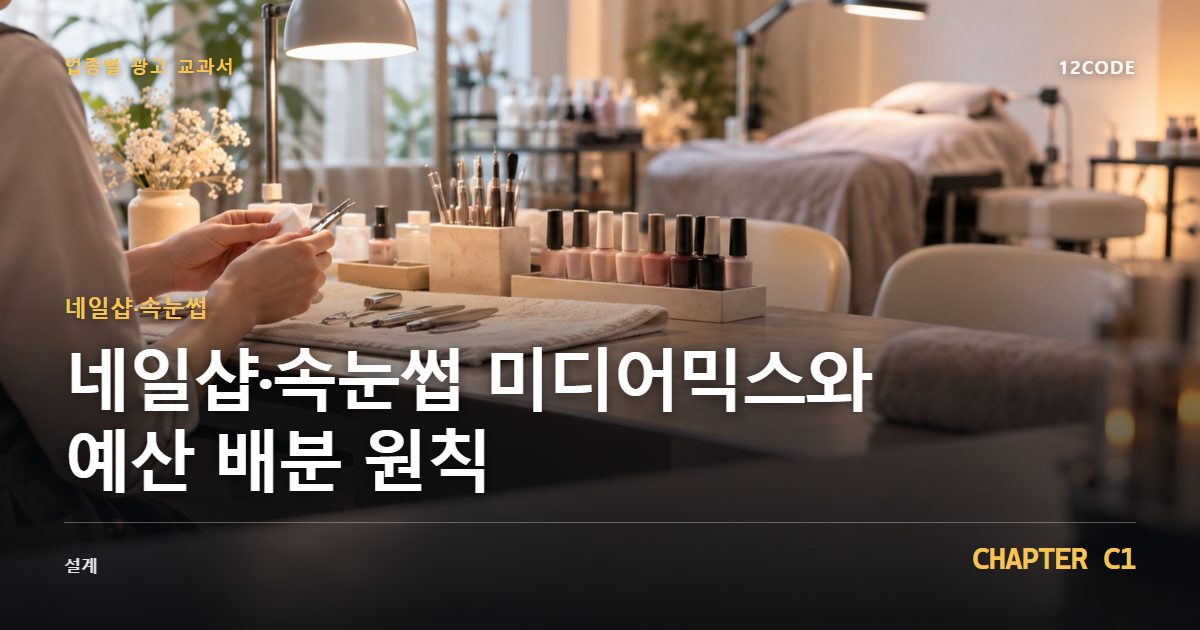 네일샵·속눈썹 업종별 광고 교과서 C1장, 미디어믹스와 예산 배분 원칙을 안내하는 표지 이미지