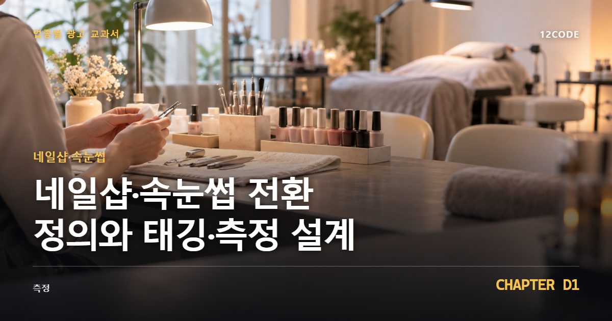 네일샵·속눈썹 업종별 광고 교과서 D1장, 전환 정의와 태깅·측정 설계을 안내하는 표지 이미지