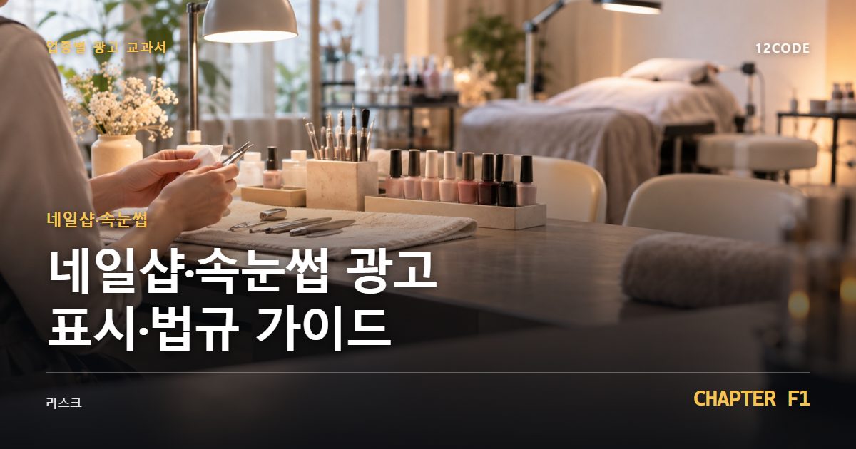 네일샵·속눈썹 업종별 광고 교과서 F1장, 광고 표시·법규 가이드을 안내하는 표지 이미지