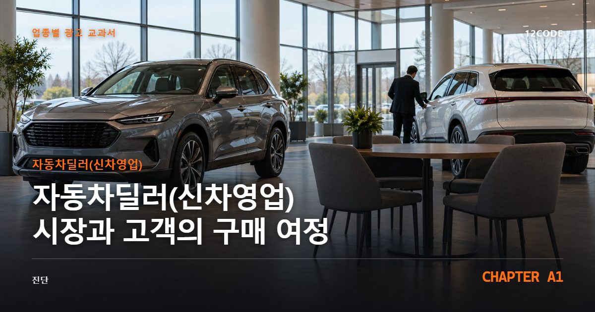 자동차딜러(신차영업) 업종별 광고 교과서 A1장, 시장과 고객의 구매 여정을 안내하는 표지 이미지