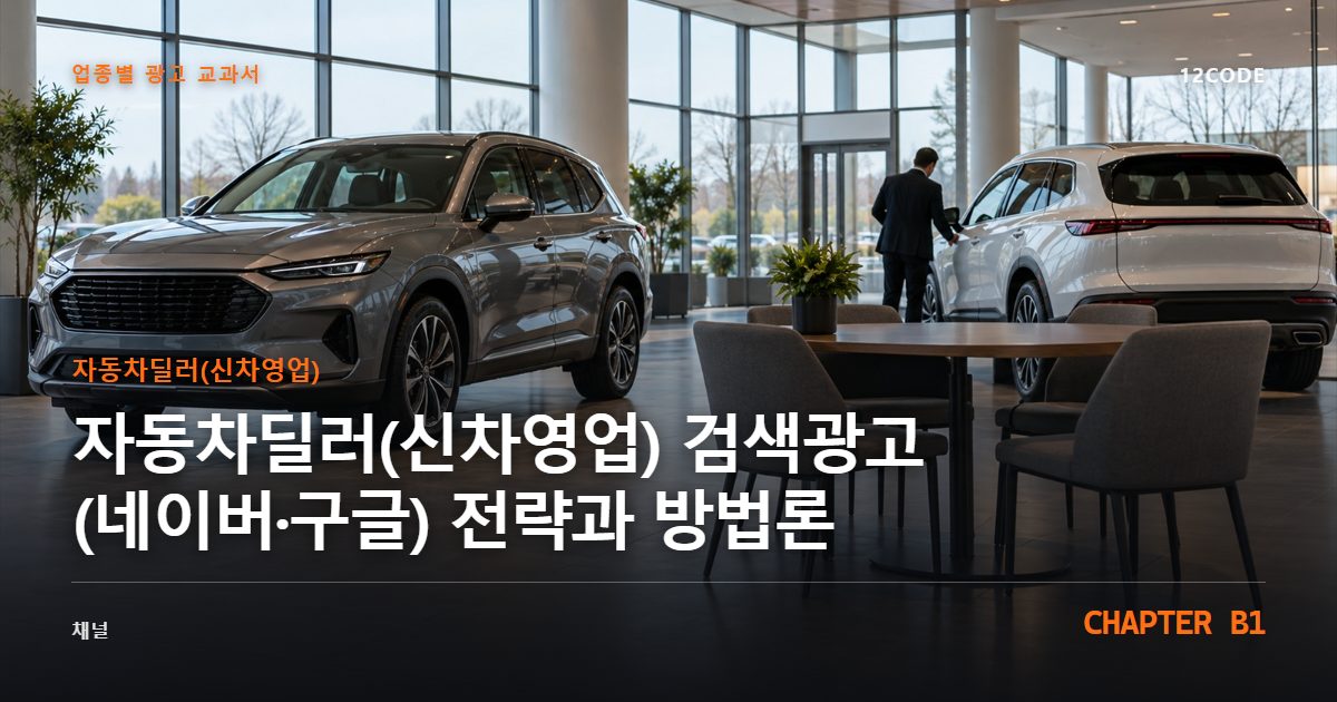자동차딜러(신차영업) 업종별 광고 교과서 B1장, 검색광고(네이버·구글) 전략과 방법론을 안내하는 표지 이미지