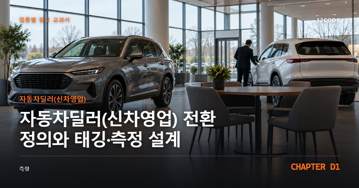자동차딜러(신차영업) 업종별 광고 교과서 D1장, 전환 정의와 태깅·측정 설계을 안내하는 표지 이미지