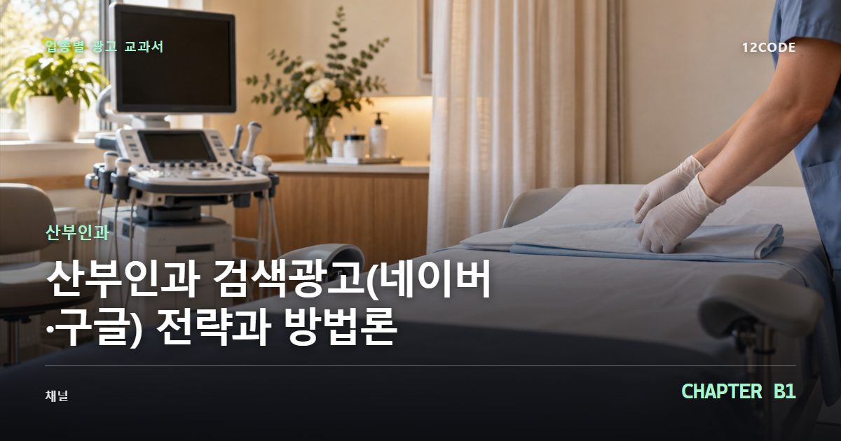 산부인과 업종별 광고 교과서 B1장, 검색광고(네이버·구글) 전략과 방법론을 안내하는 표지 이미지