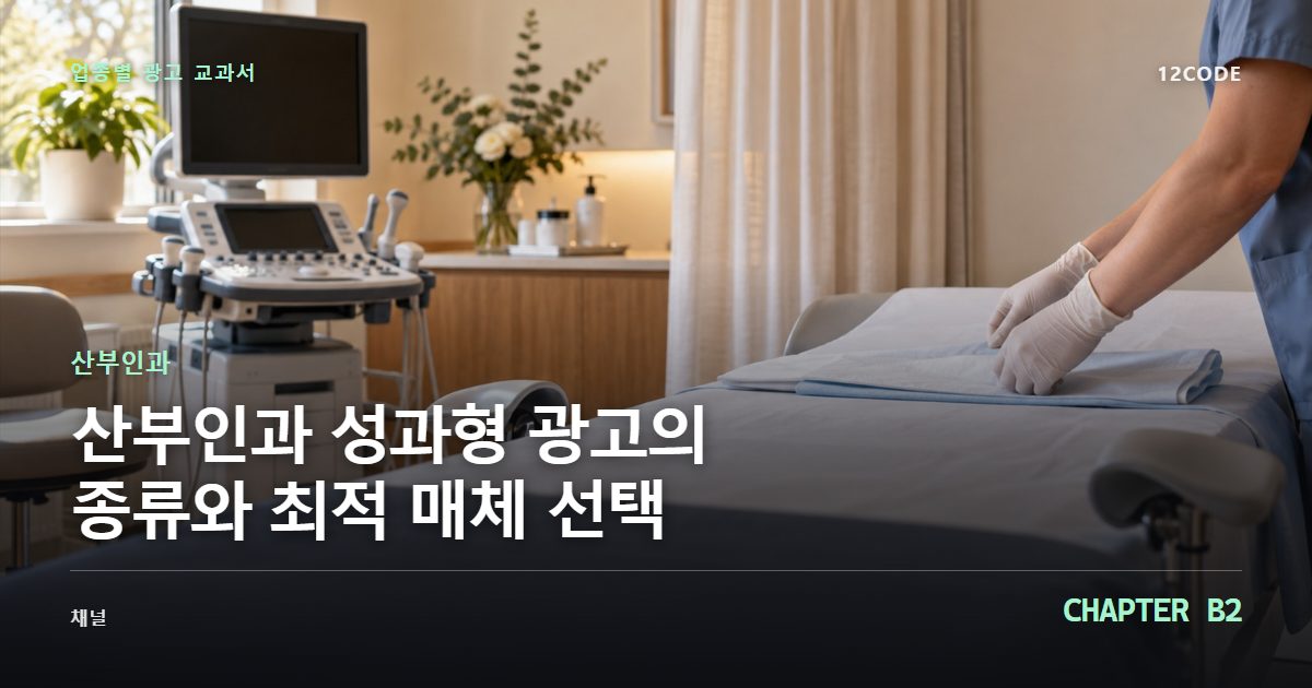 산부인과 업종별 광고 교과서 B2장, 성과형 광고의 종류와 최적 매체 선택을 안내하는 표지 이미지