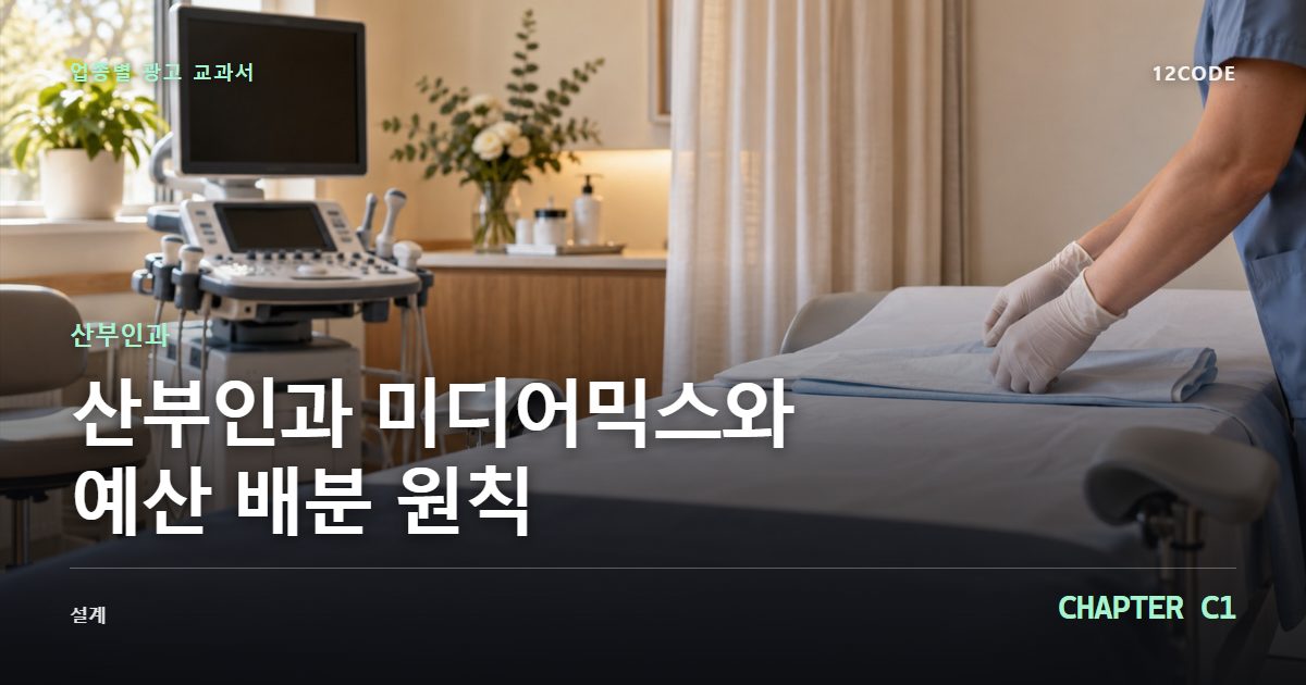 산부인과 업종별 광고 교과서 C1장, 미디어믹스와 예산 배분 원칙을 안내하는 표지 이미지