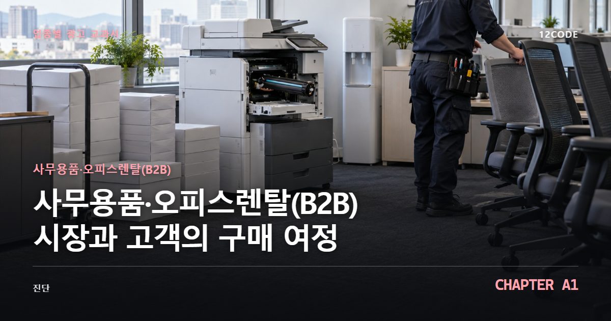 사무용품·오피스렌탈(B2B) 업종별 광고 교과서 A1장, 시장과 고객의 구매 여정을 안내하는 표지 이미지