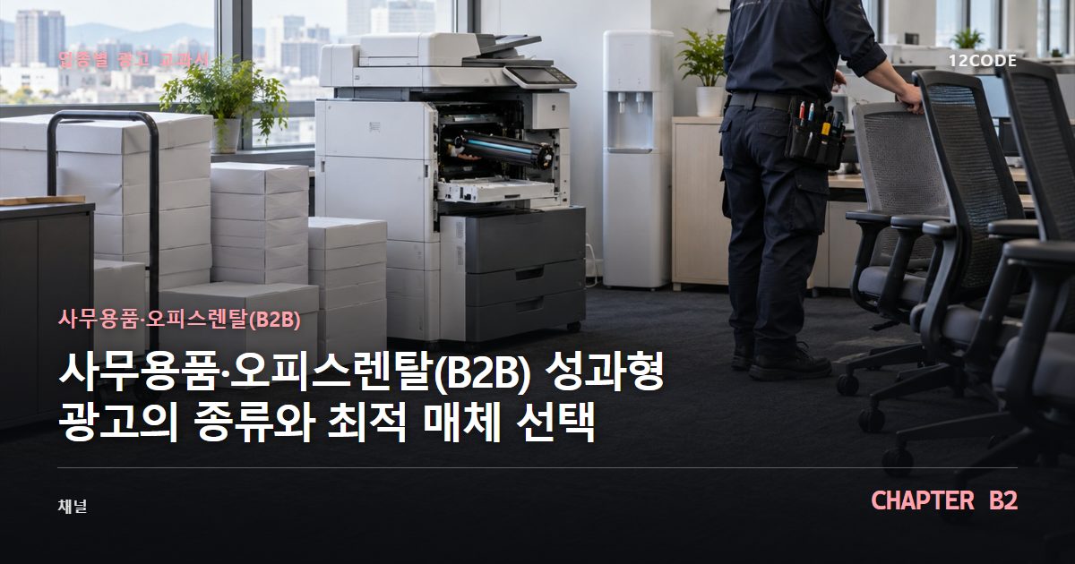 사무용품·오피스렌탈(B2B) 업종별 광고 교과서 B2장, 성과형 광고의 종류와 최적 매체 선택을 안내하는 표지 이미지