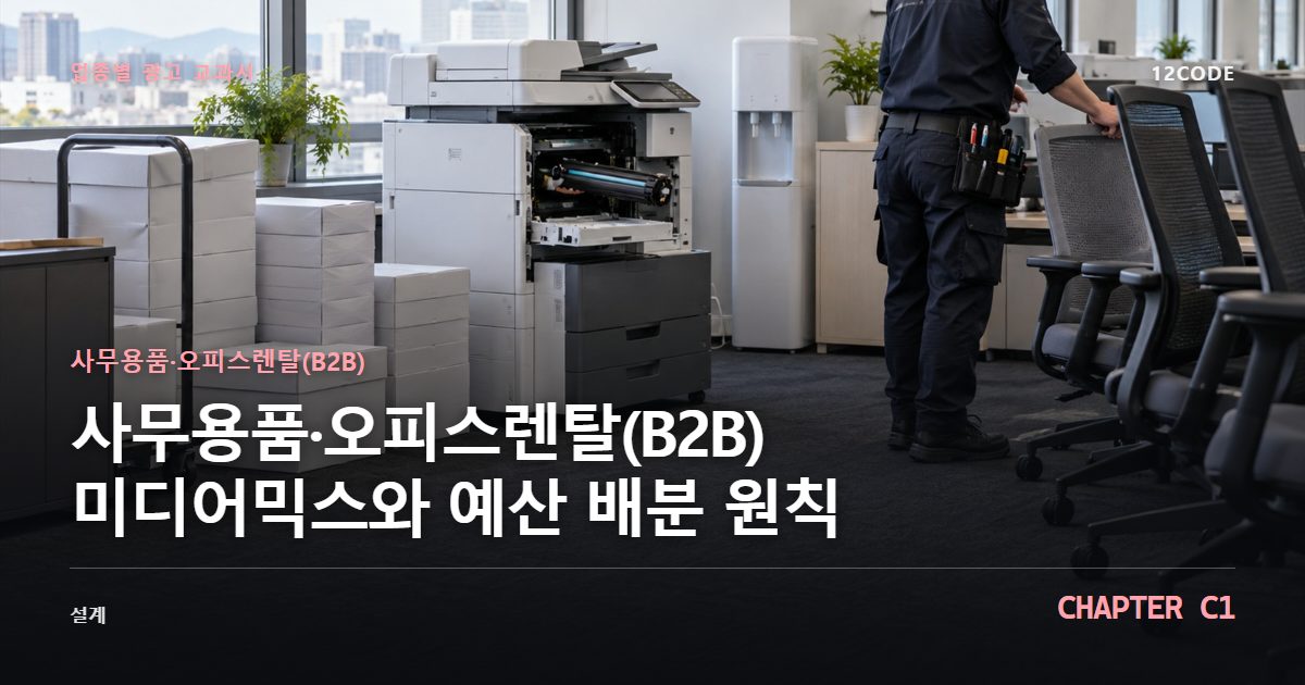 사무용품·오피스렌탈(B2B) 업종별 광고 교과서 C1장, 미디어믹스와 예산 배분 원칙을 안내하는 표지 이미지