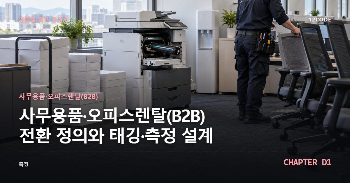 사무용품·오피스렌탈(B2B) 업종별 광고 교과서 D1장, 전환 정의와 태깅·측정 설계을 안내하는 표지 이미지