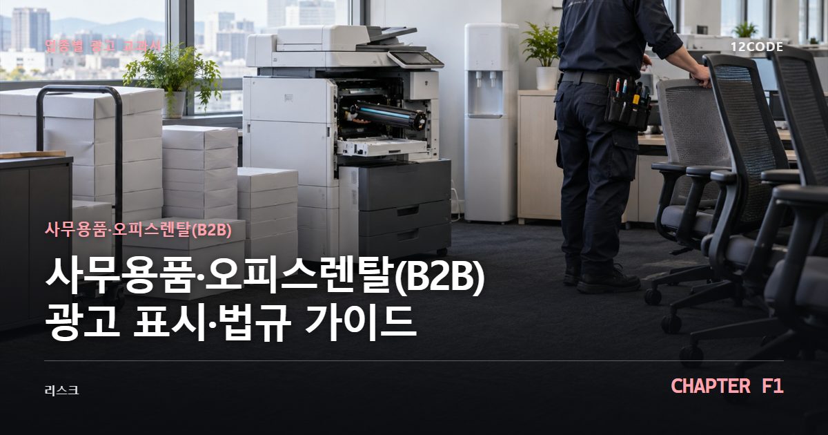 사무용품·오피스렌탈(B2B) 업종별 광고 교과서 F1장, 광고 표시·법규 가이드을 안내하는 표지 이미지