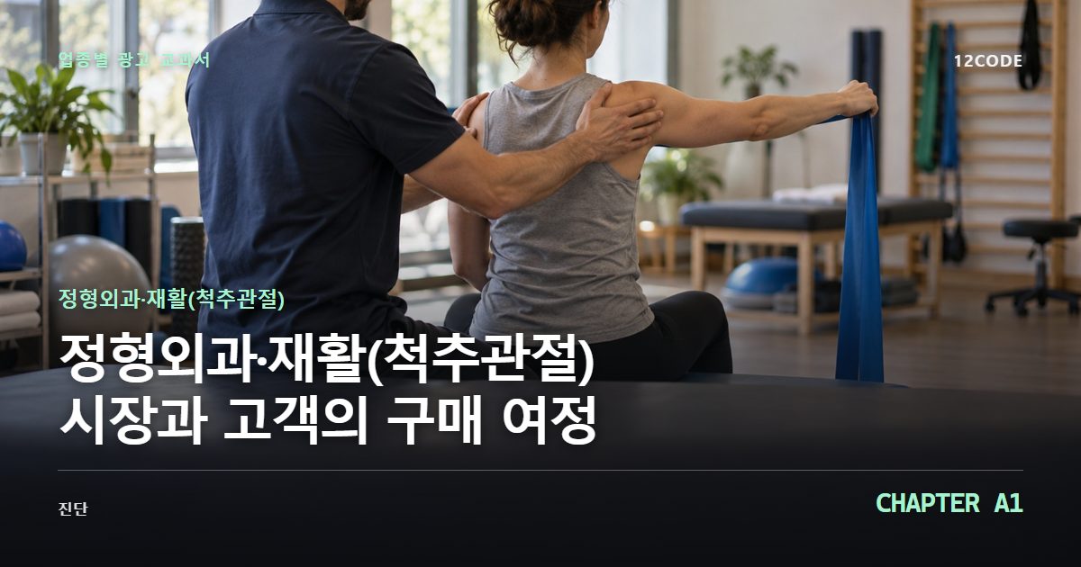 정형외과·재활(척추관절) 업종별 광고 교과서 A1장, 시장과 고객의 구매 여정을 안내하는 표지 이미지