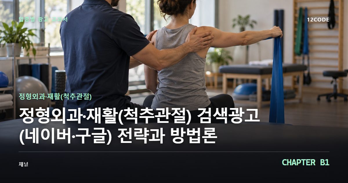정형외과·재활(척추관절) 업종별 광고 교과서 B1장, 검색광고(네이버·구글) 전략과 방법론을 안내하는 표지 이미지