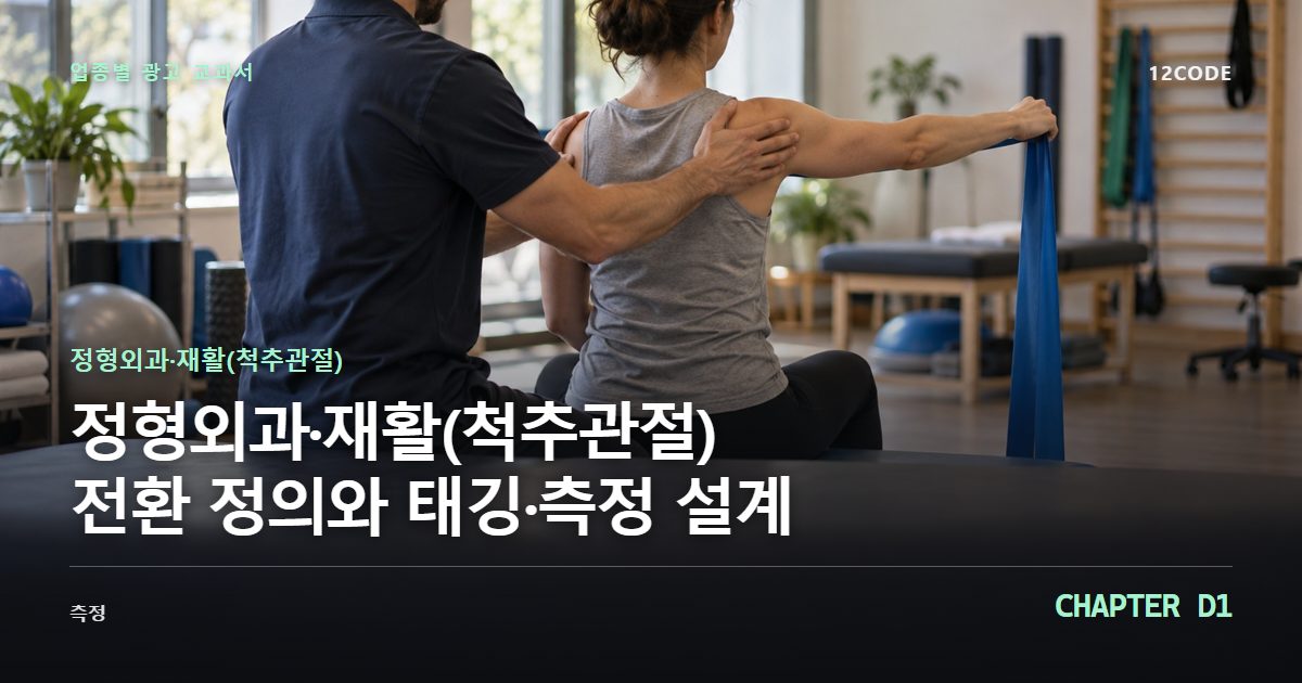 정형외과·재활(척추관절) 업종별 광고 교과서 D1장, 전환 정의와 태깅·측정 설계을 안내하는 표지 이미지