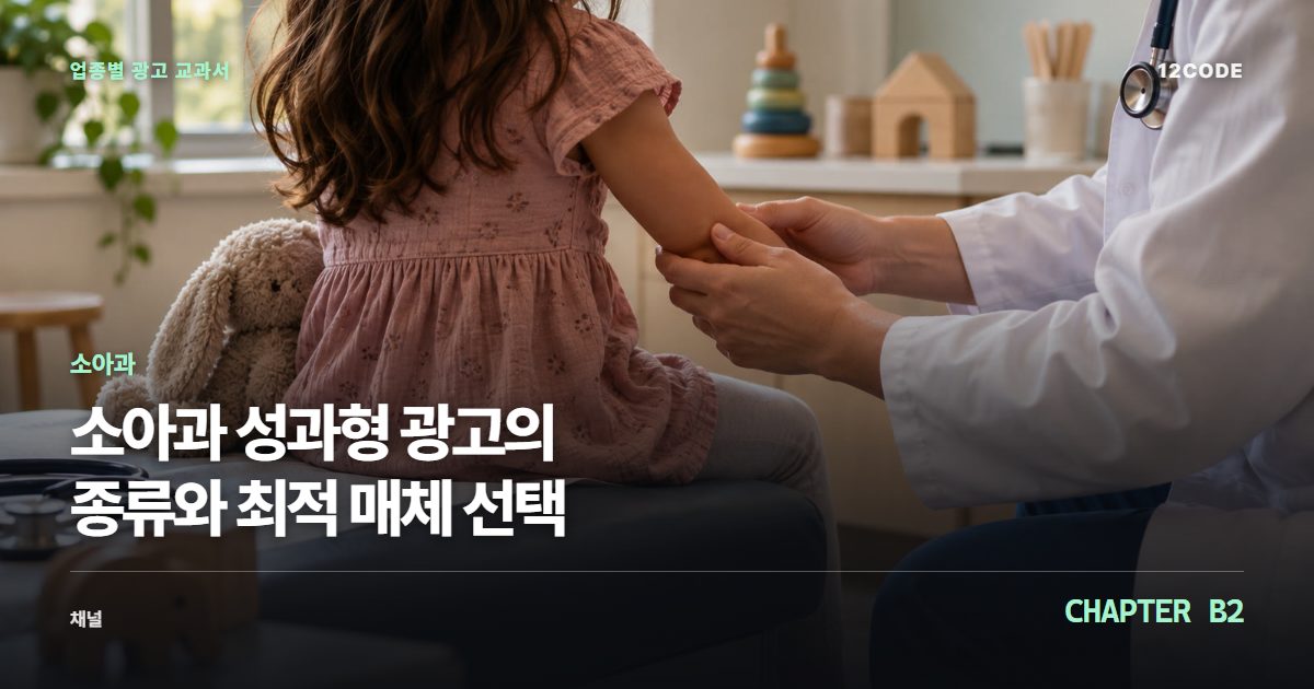 소아과 업종별 광고 교과서 B2장, 성과형 광고의 종류와 최적 매체 선택을 안내하는 표지 이미지