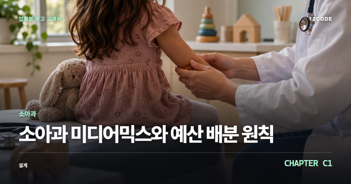 소아과 업종별 광고 교과서 C1장, 미디어믹스와 예산 배분 원칙을 안내하는 표지 이미지