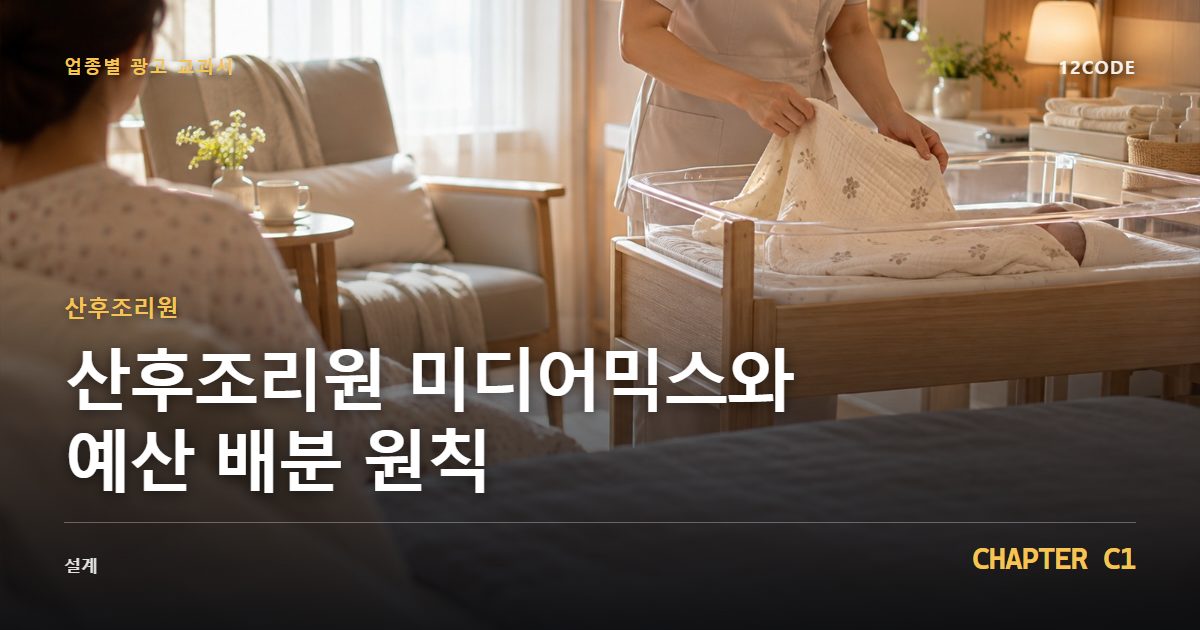 산후조리원 업종별 광고 교과서 C1장, 미디어믹스와 예산 배분 원칙을 안내하는 표지 이미지