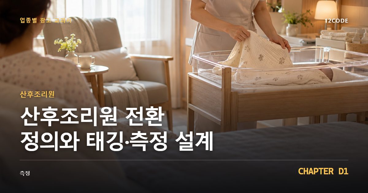 산후조리원 업종별 광고 교과서 D1장, 전환 정의와 태깅·측정 설계을 안내하는 표지 이미지