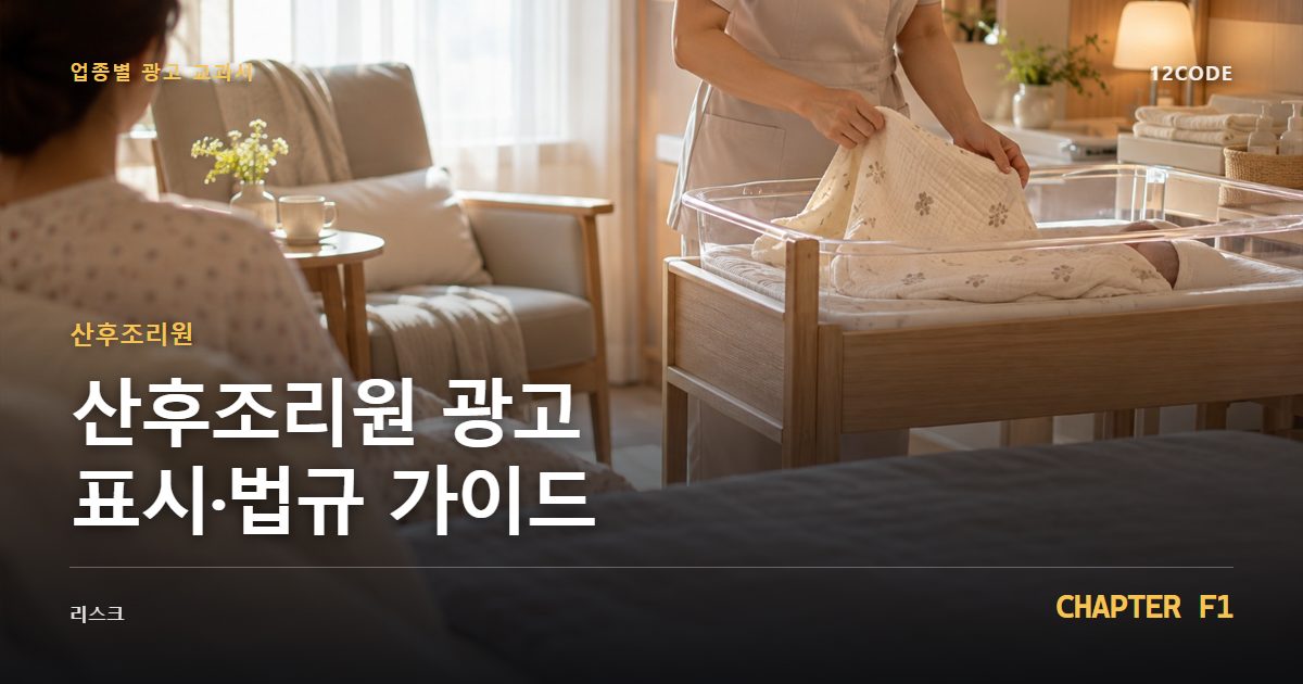 산후조리원 업종별 광고 교과서 F1장, 광고 표시·법규 가이드을 안내하는 표지 이미지