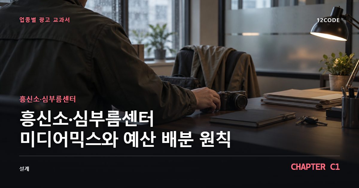 흥신소·심부름센터 업종별 광고 교과서 C1장, 미디어믹스와 예산 배분 원칙을 안내하는 표지 이미지